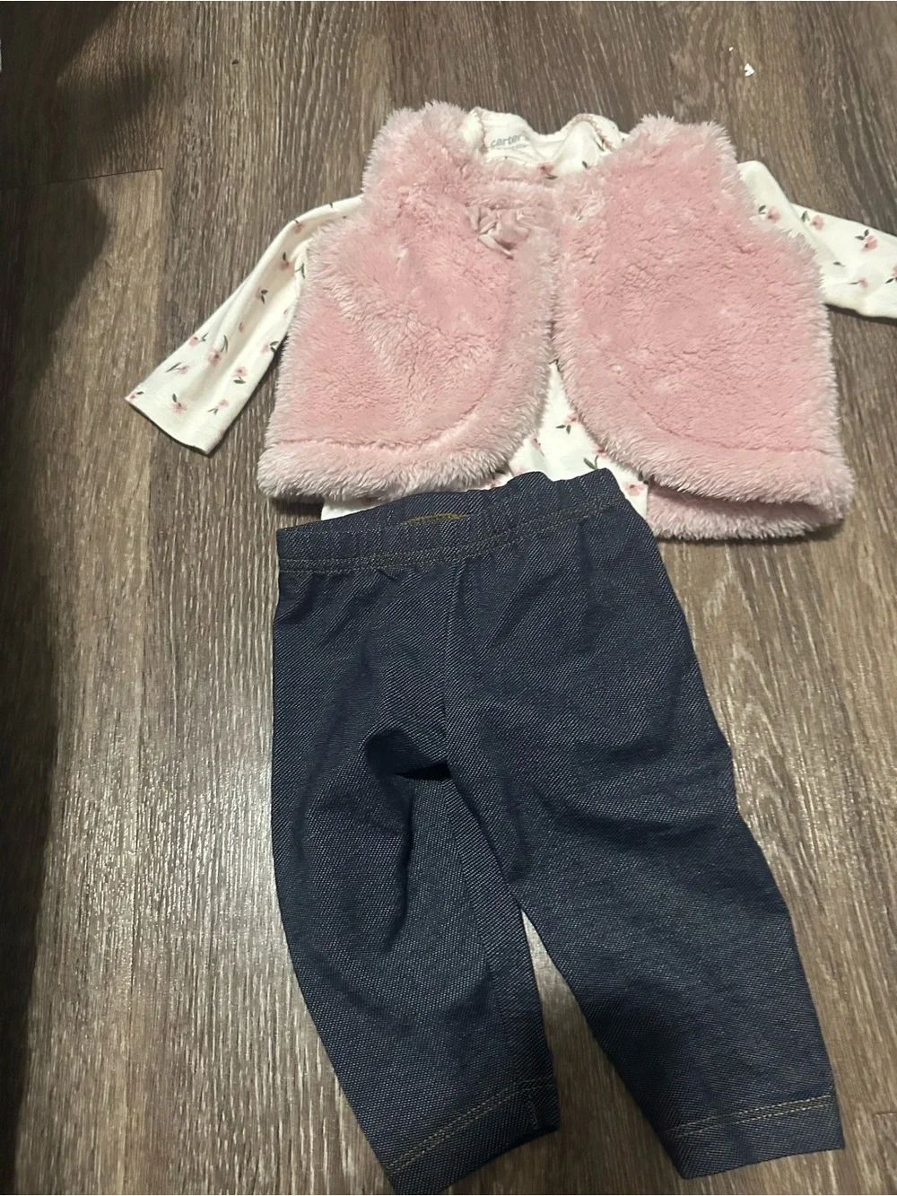 Carter's Pink Faux Fur Vest & Floral Tee Set with Denim-Look Pants